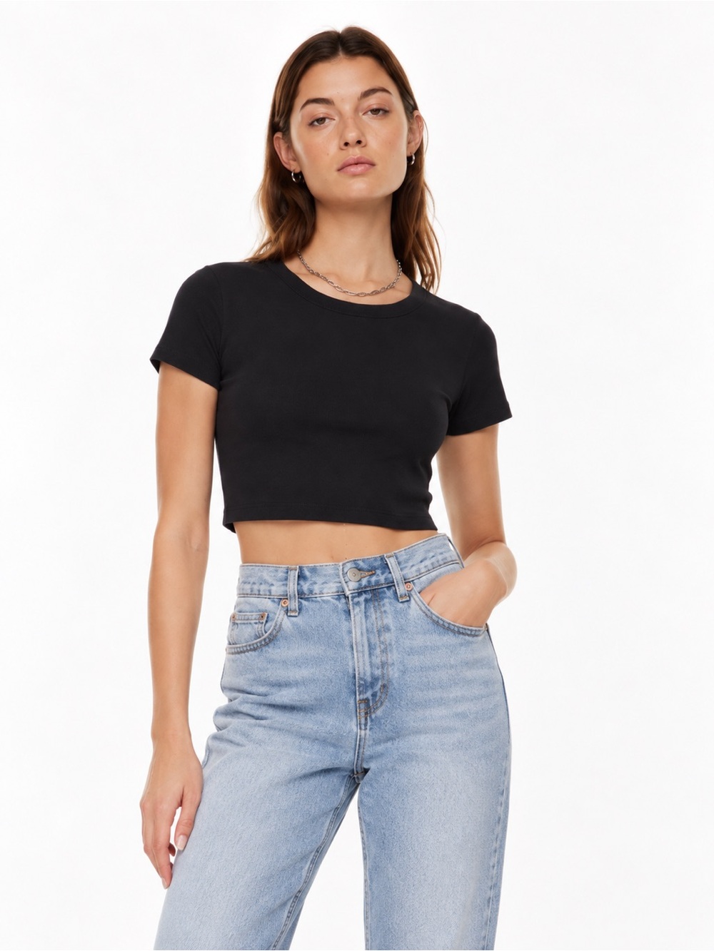 Aritzia Sunday Best Little Ribbed Cropped T-Shirt Black Crew Neck Baby Tee Sz S